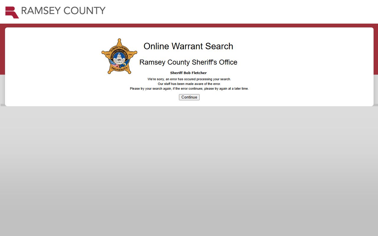 Ramsey County active warrant search page for criminal history and outstanding warrants
