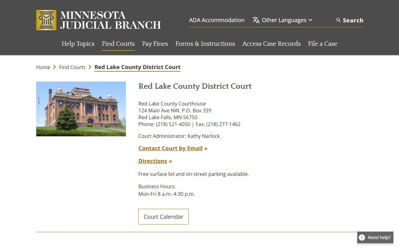 Red Lake County District Court page on Minnesota Courts website for criminal history records