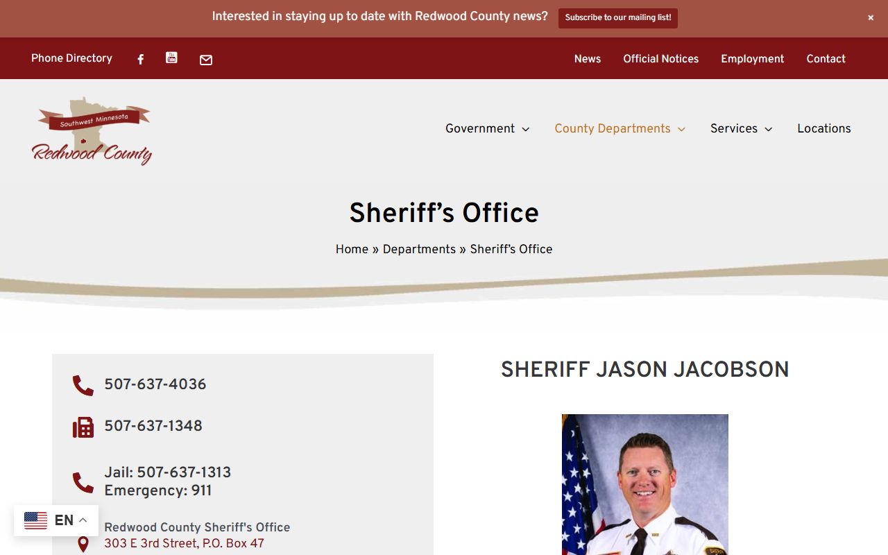 Redwood County Sheriff's Office website showing criminal history tools and records resources