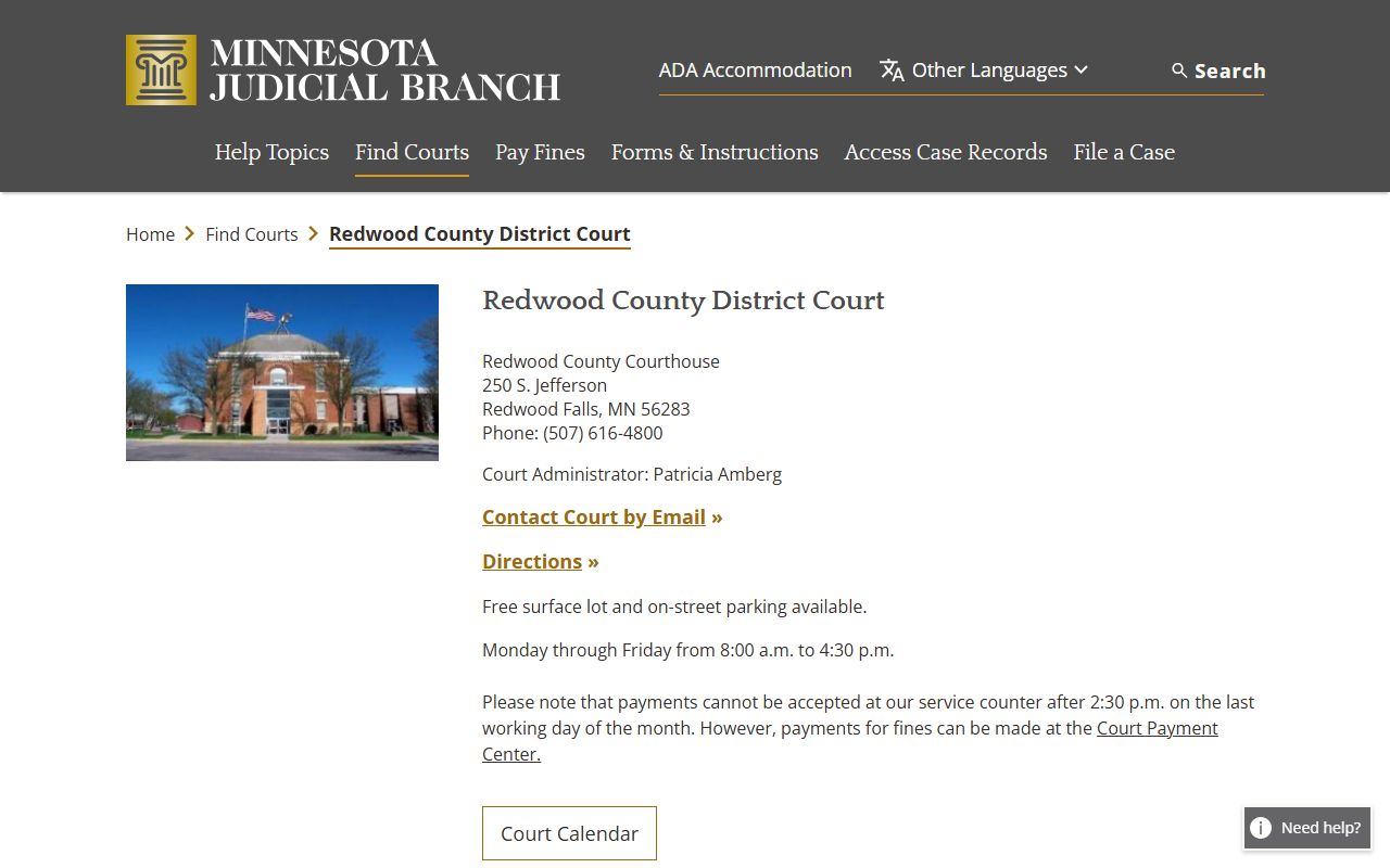 Redwood County District Court page on Minnesota Courts website for criminal history records