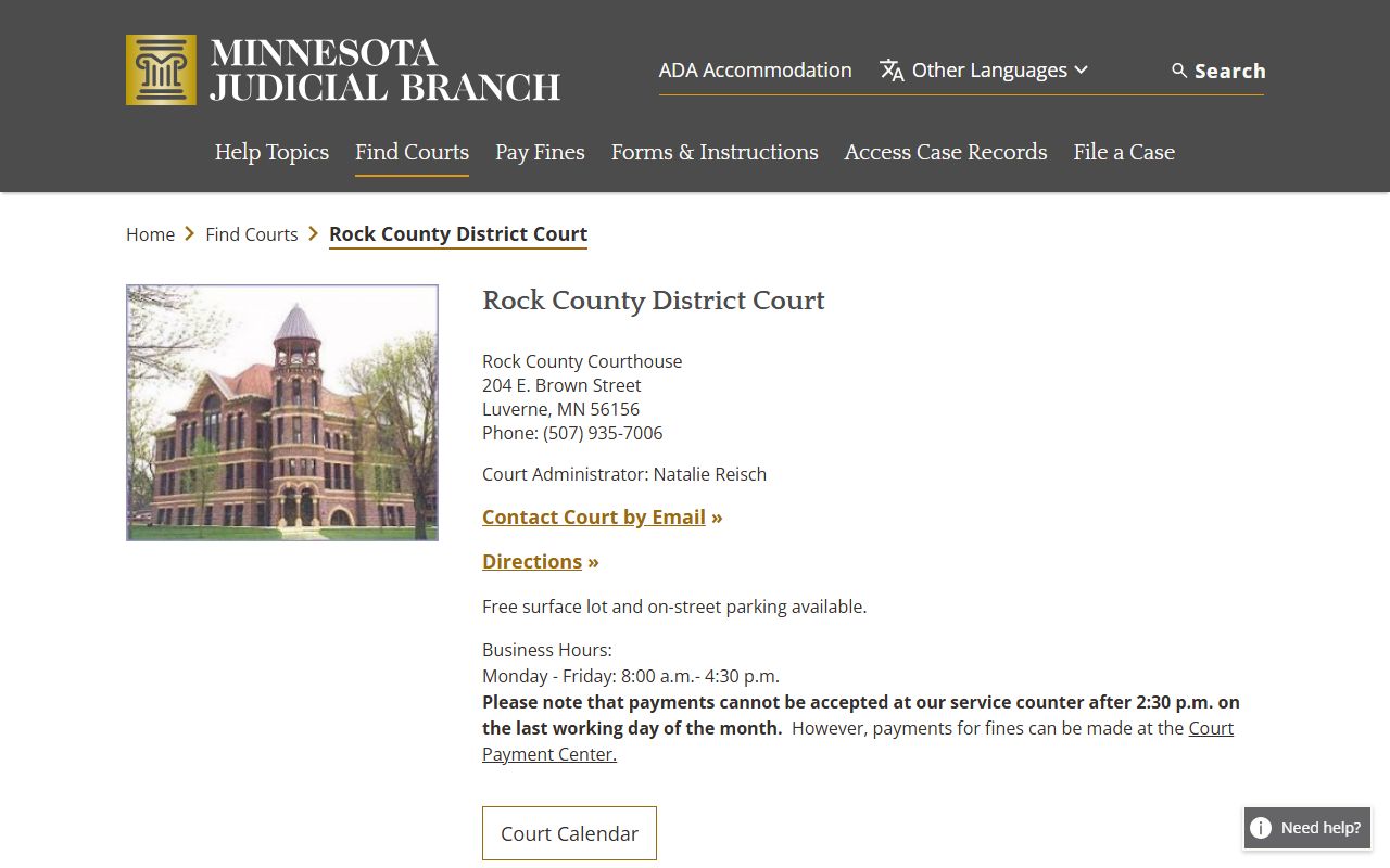 Rock County District Court page on Minnesota Courts website showing criminal history resources