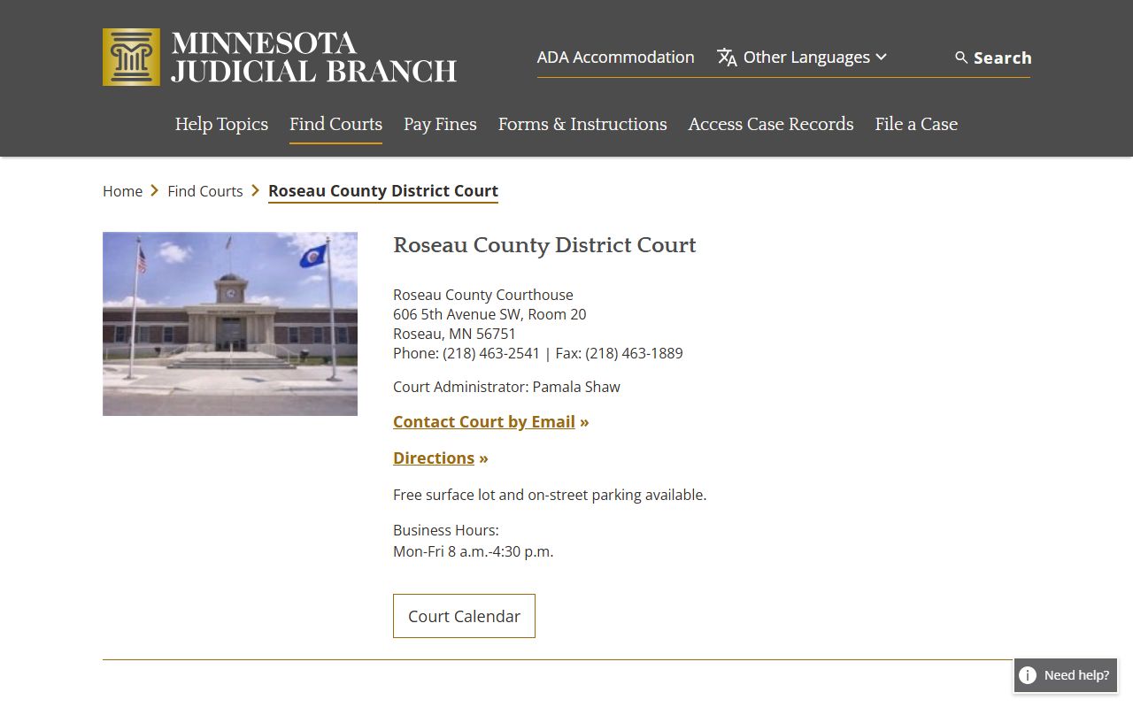 Roseau County District Court page on Minnesota Courts website for criminal history records