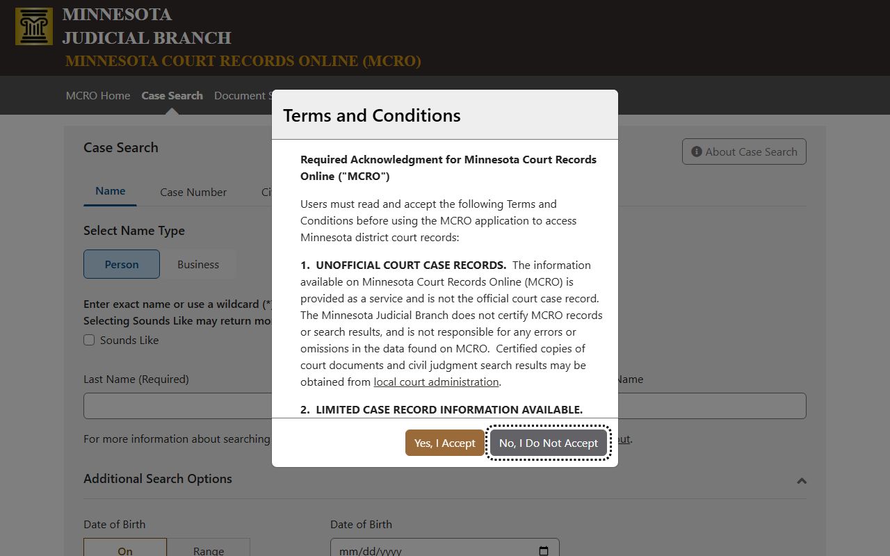 Minnesota Court Records Online case search - criminal history lookup tool