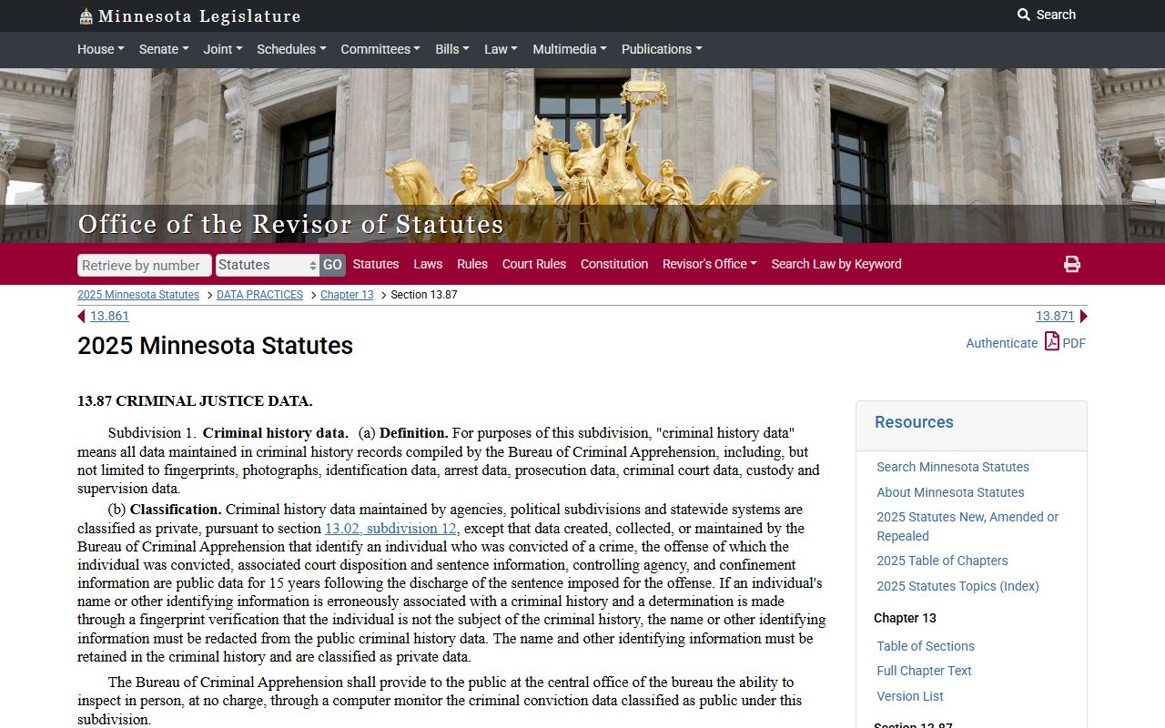 Minn. Stat. 13.87 - Minnesota criminal history data classification