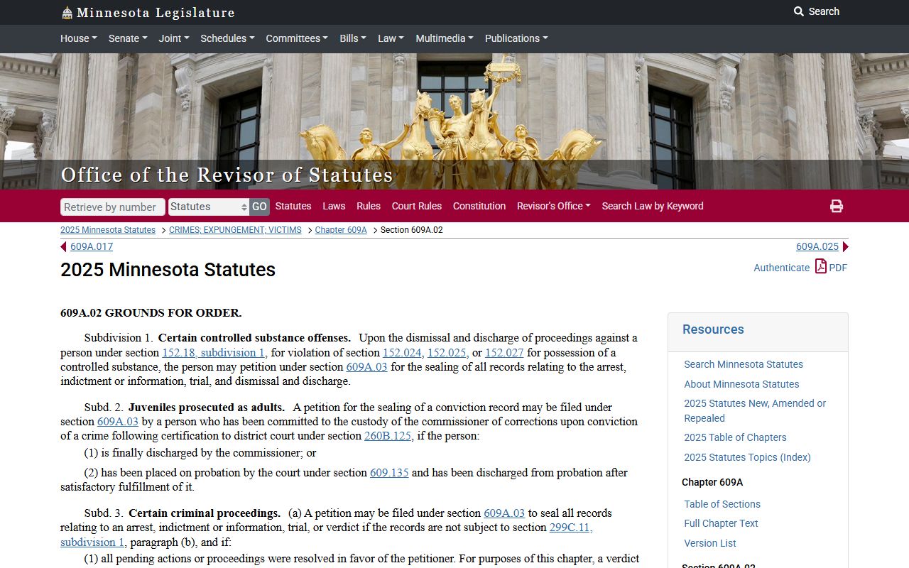 Minn. Stat. 609A.02 - Minnesota expungement grounds criminal history sealing